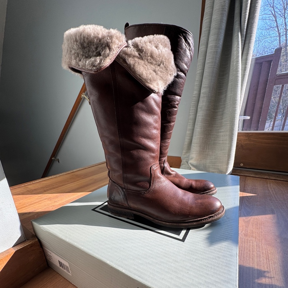 Shearling Wool Lined Frye Boots - Mara Button Tall dark brown